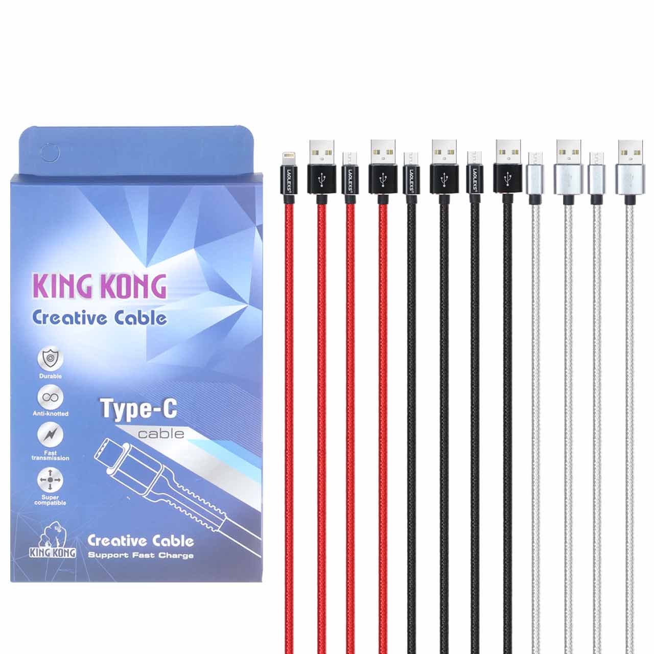 پک 5 عددی کابل شارژ اندروید& آیفون & King Kong Type-C - چند رنگ - BSA